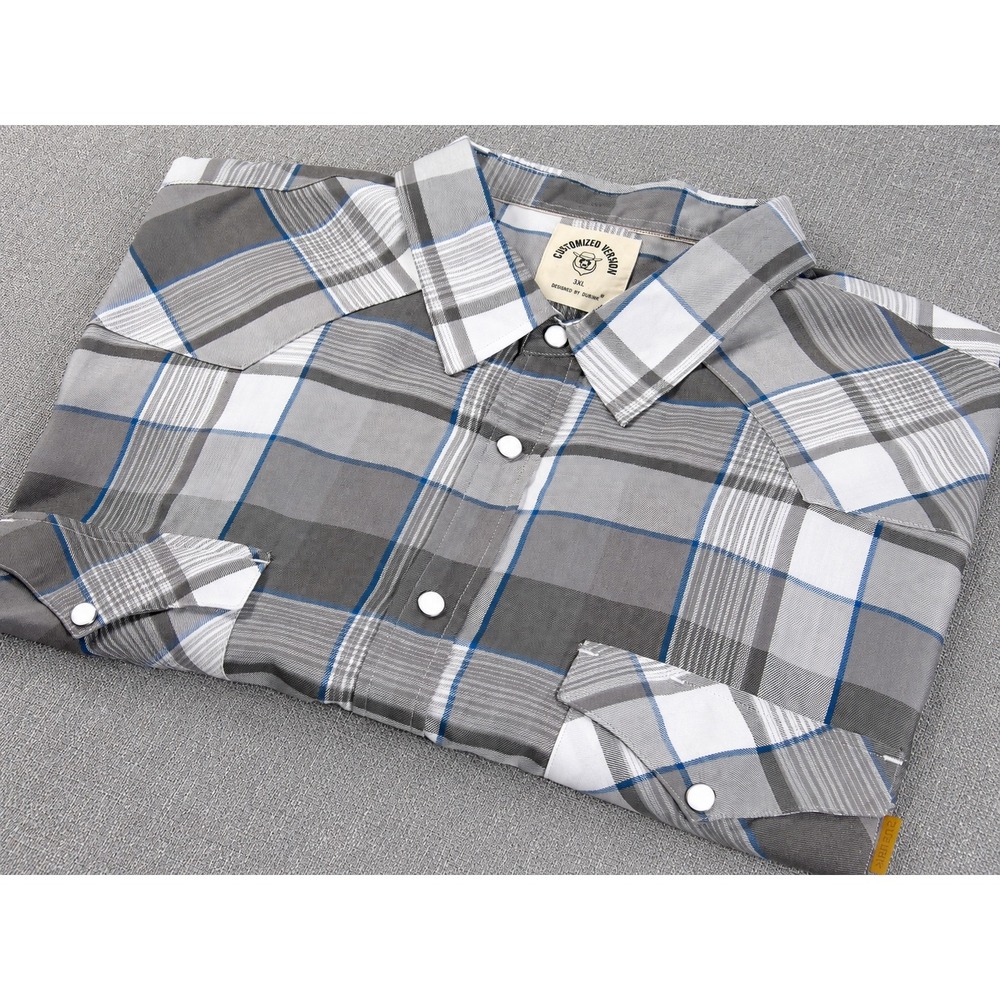 Dubinik Mens 3XL Western Pearl Snap Shirt Grey Blue Plaid Short Sleeve Workwear